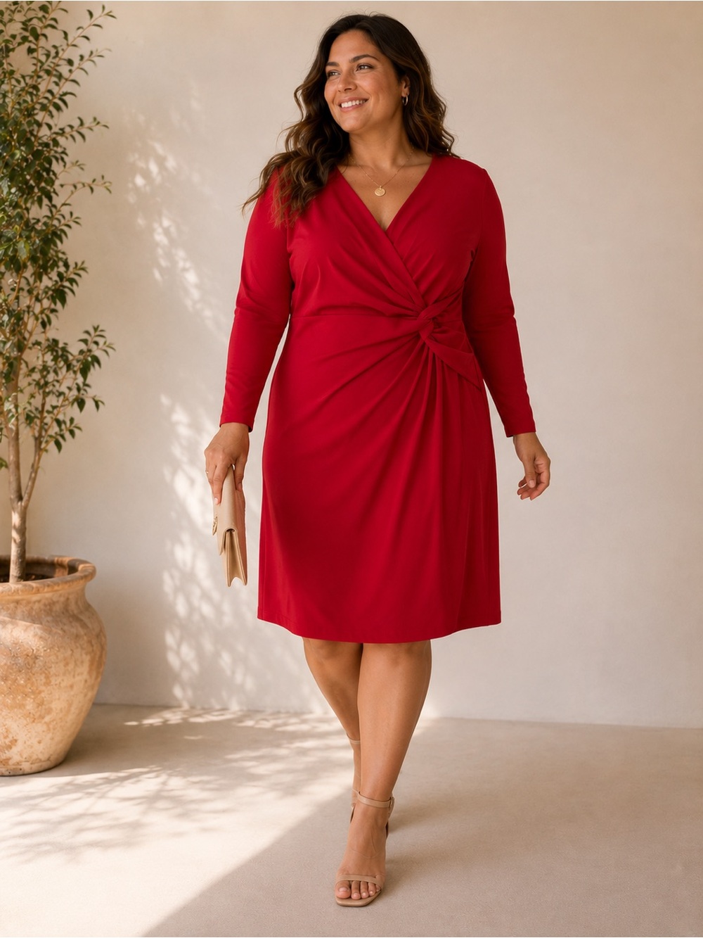 Lauren Ralph Lauren Dress Red Size 14 mid length long sleeve waist twist Draped